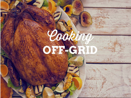 Roasted turkey on plate with vegetables on wooden table for thanksgiving at off-grid cottage or cabin