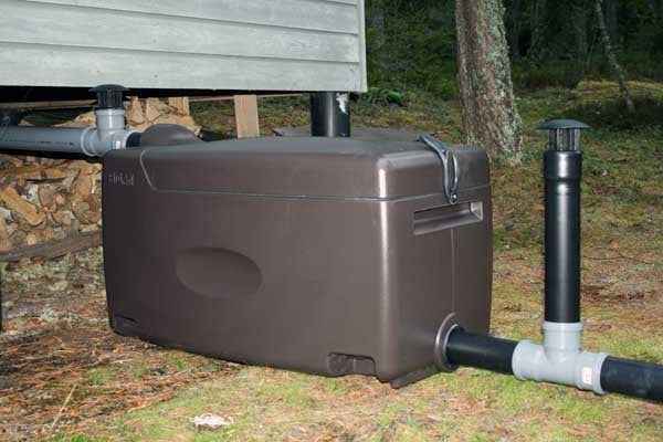 Installed Biolan grey water filter for off-grid sink and shower waste treatment in Canadian cabins